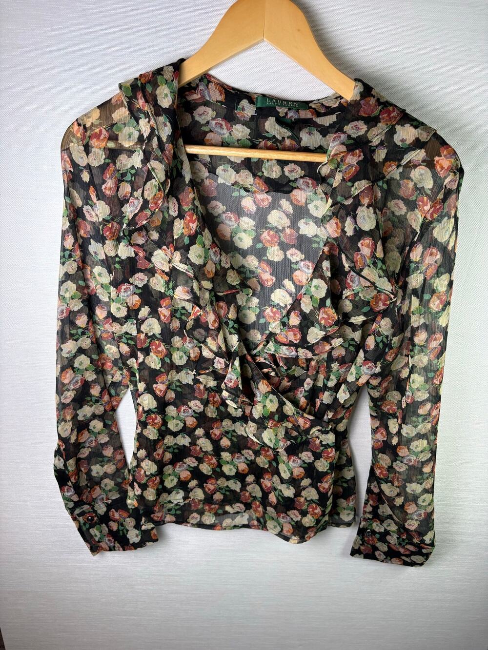 Lauren by Ralph Lauren black floral sheer vintage blouse women's size medium